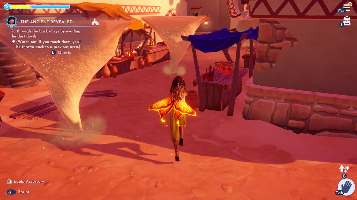 A player running by dust devil tornadoes in Disney Dreamlight Valley.