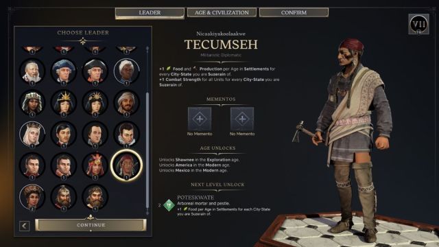 Tecumseh Civilzation 7 leader screenshot with traits.