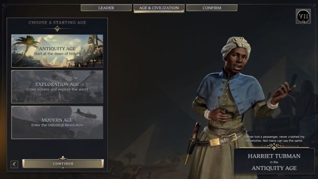 Civilization 7 screenshot showing Harriet Tubman on the leader and age select screen.