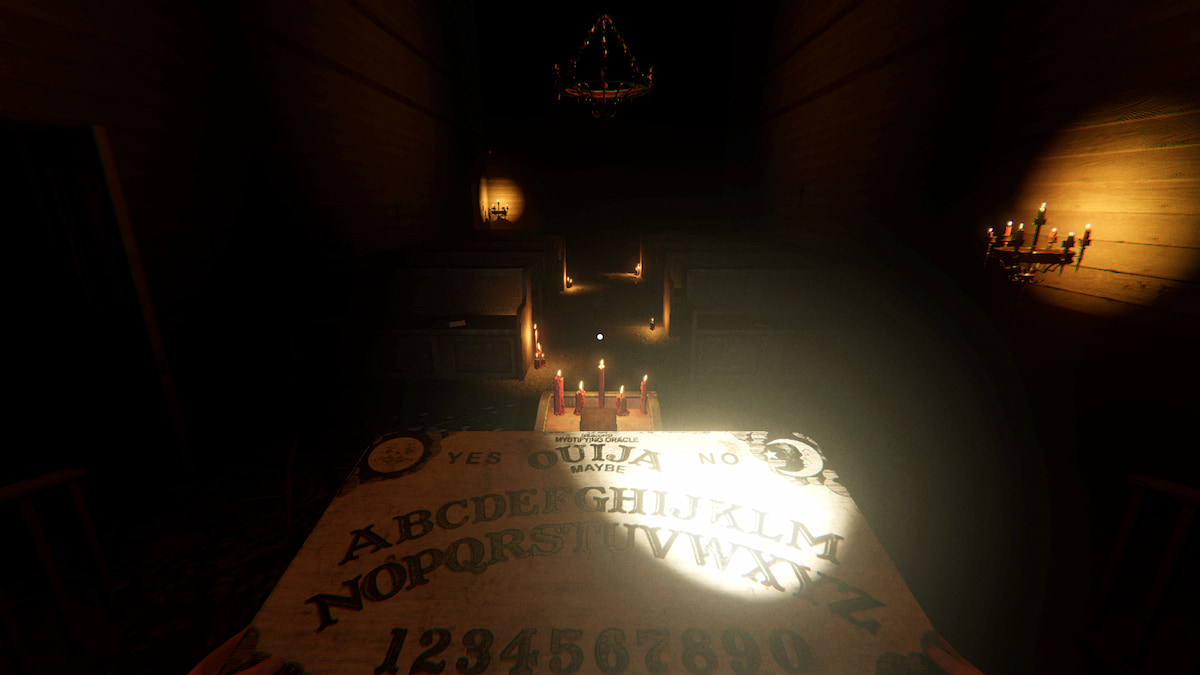 Using a Ouija Board in the Sunny Meadows chapel in Phasmophobia.