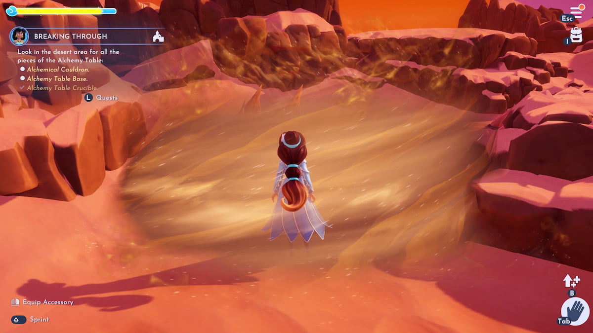 A player with a long brown braid walking through a sandstorm in Disney Dreamlight Valley