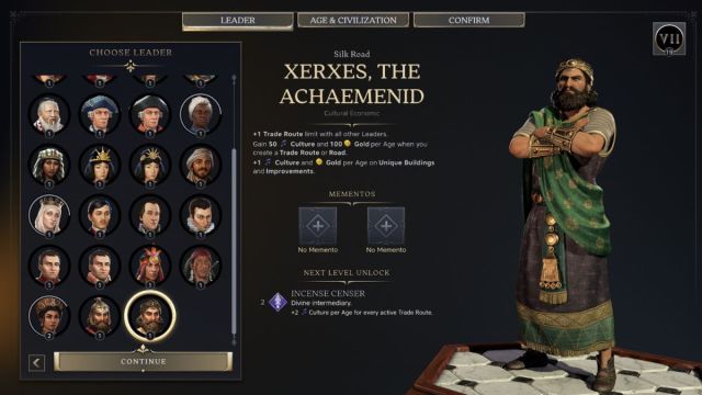 Xerxes Civilzation 7 leader screenshot with traits.