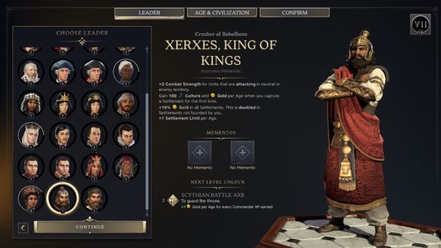 Xerxes Civilzation 7 leader screenshot with traits.
