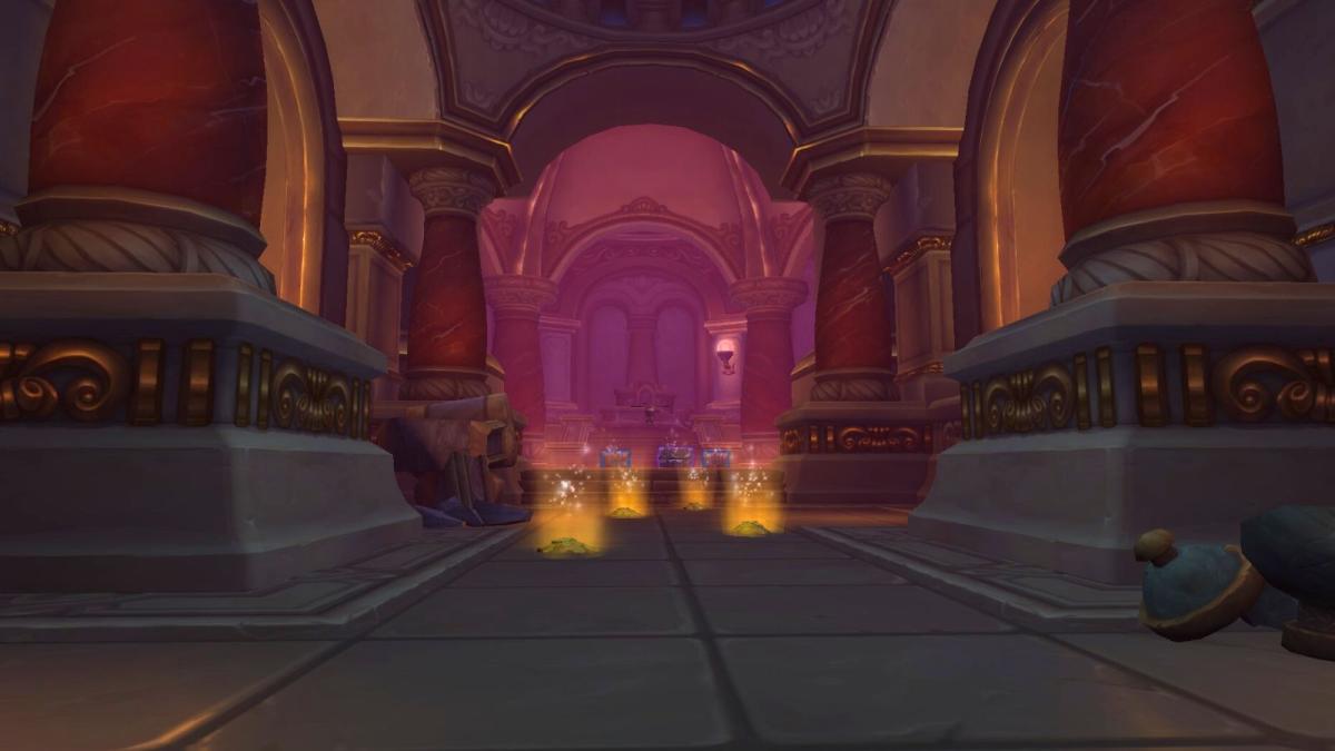 Treasure chamber in a Delve in World of Warcraft with treasure on the floor.