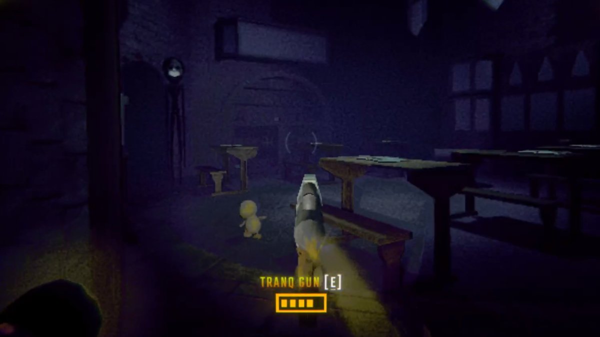 Holding the Tranq Gun inside the Academy with the Shadow Child on the left and the Apex Predator running towards it