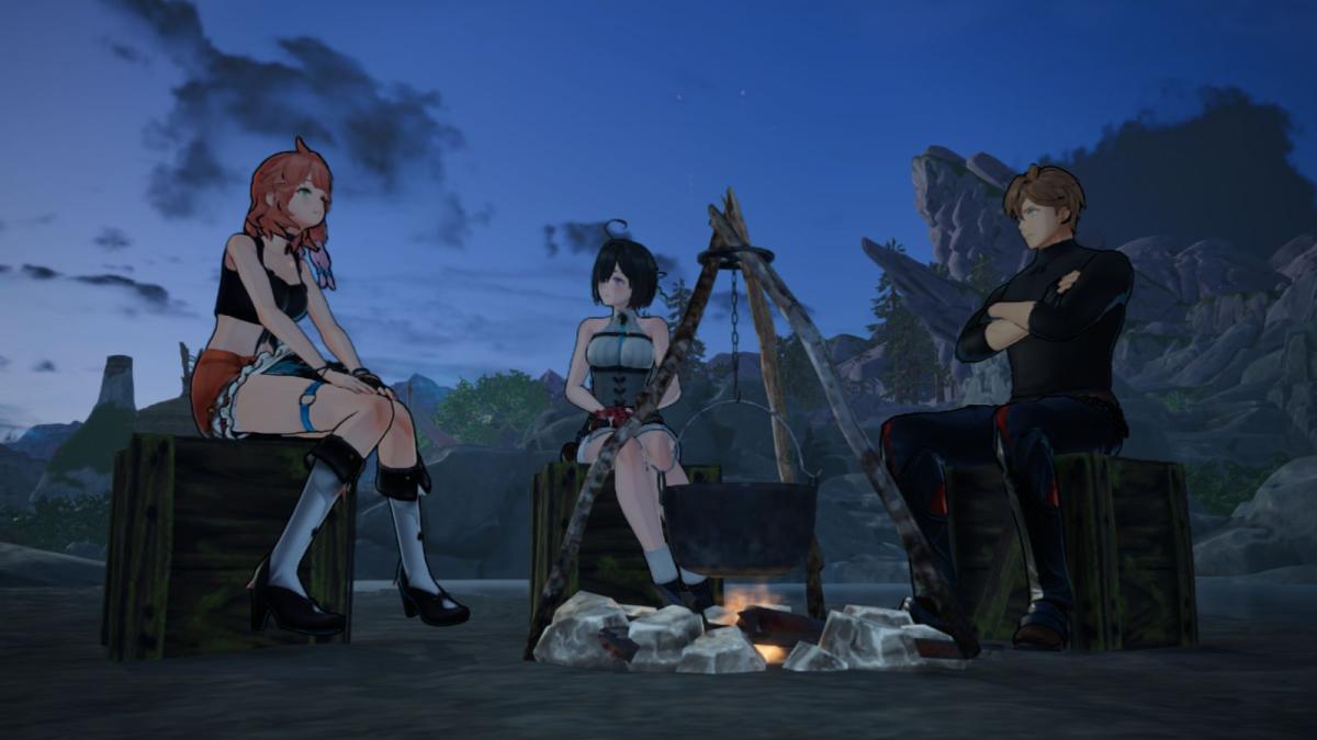 Atelier Yumia characters sat around a campfire talking at night.