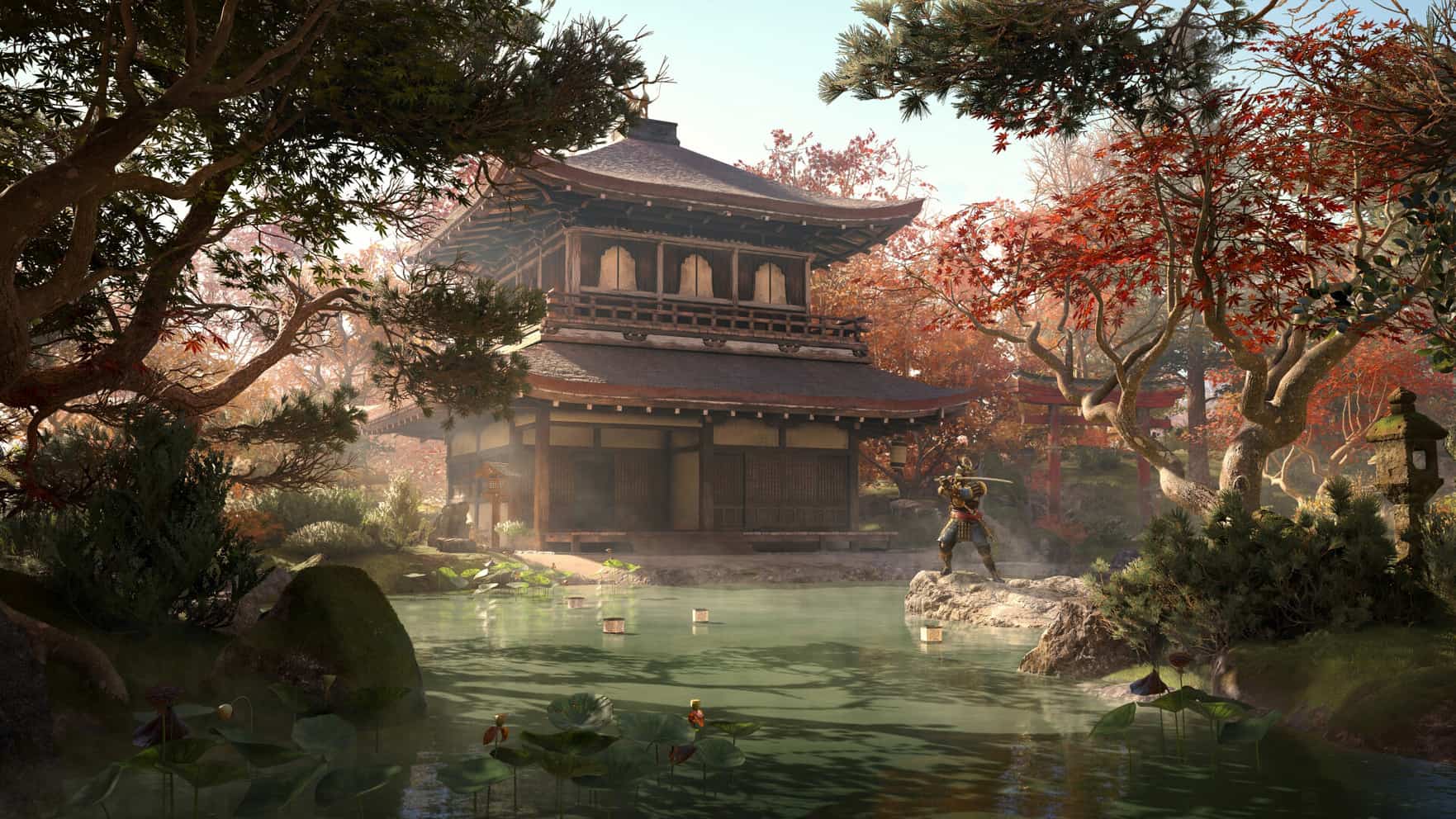 A samurai wields a sword beside a pond in front of a temple, with trees all around.