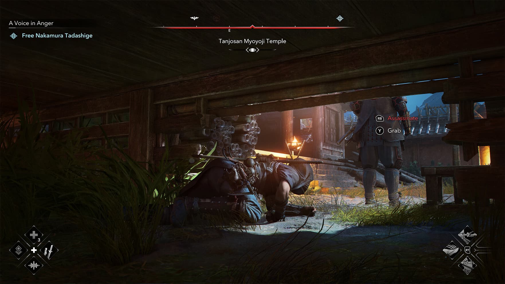 A ninja crawls beneath a building behind an enemy.