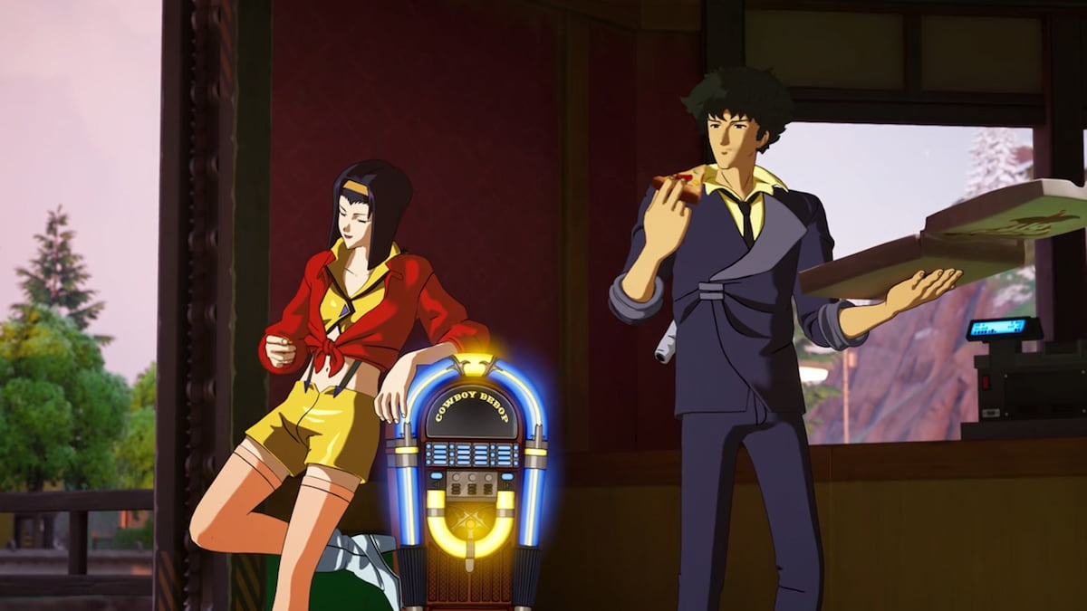 cowboy bebop characters at a jukebox and eating pizza