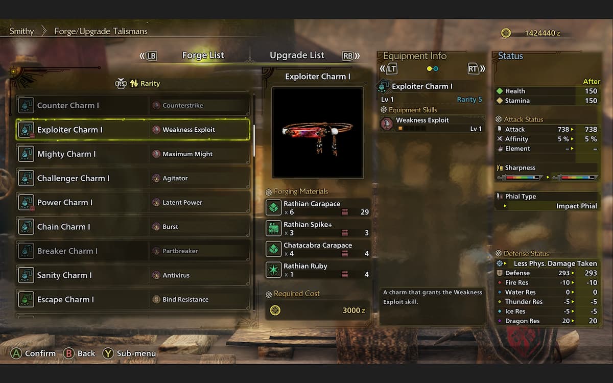 The crafting screen in Monster Hunter Wilds showcasing Talismans while highlighting the Exploiter Charm I