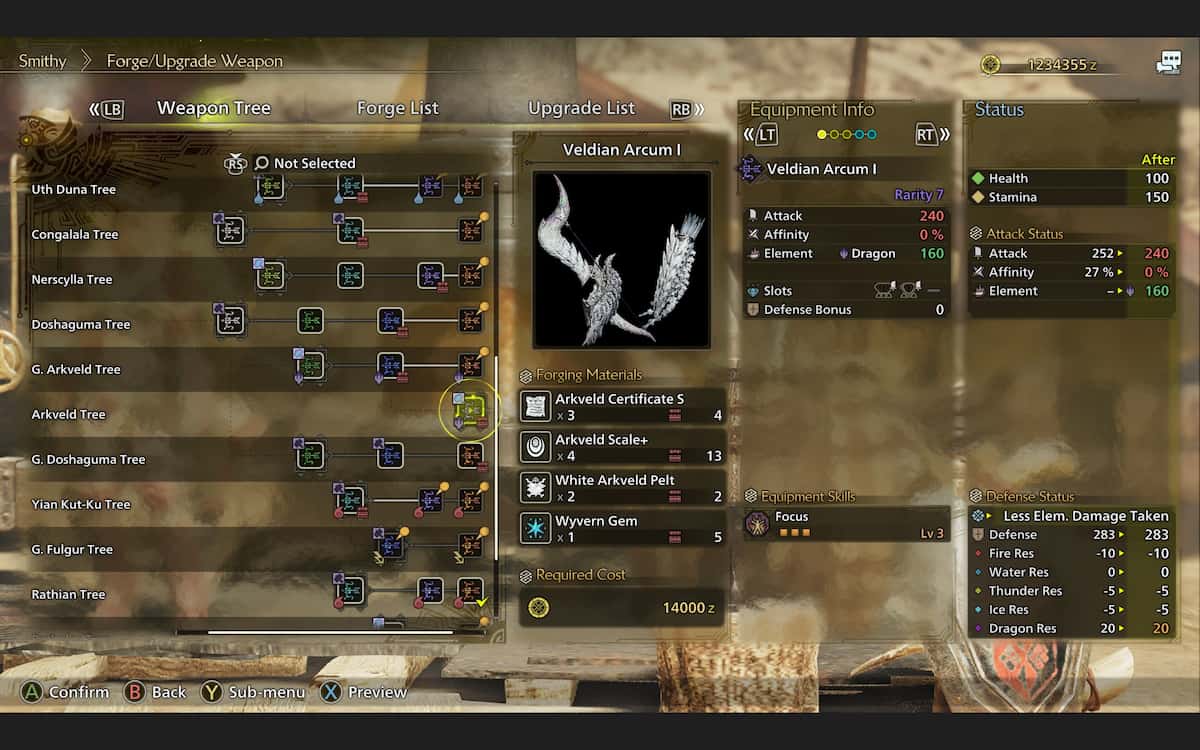 The crafting screen in Monster Hunter Wilds showcasing Weapons while highlighting the Veldian Arcum I Bow