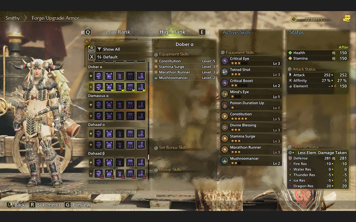 Image showing the Dober Alpha armor and stats in Monster Hunter Wilds
