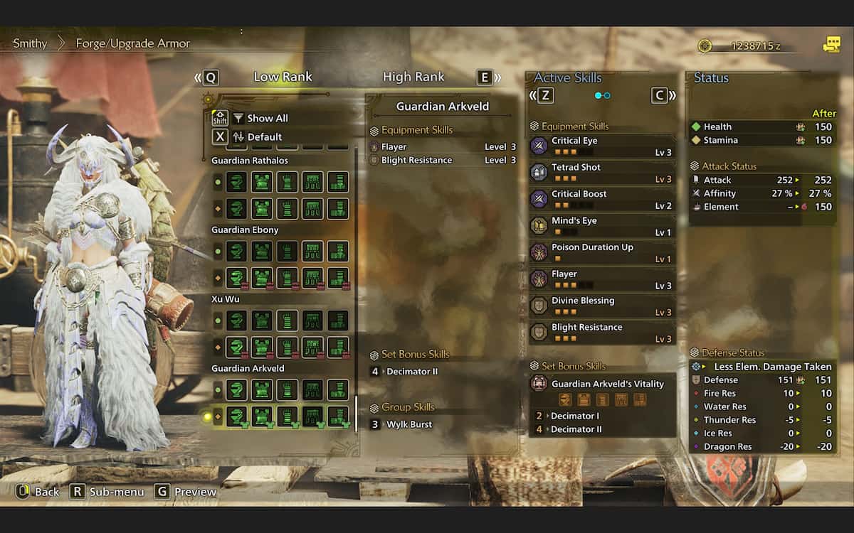 Image showing the Guardian Arkveld armor and stats in Monster Hunter Wilds