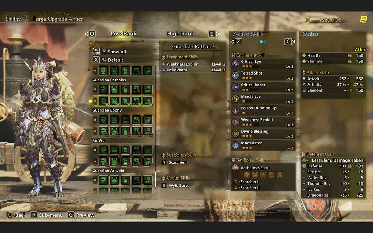 Image showing the Guardian Rathalos armor and stats in Monster Hunter Wilds