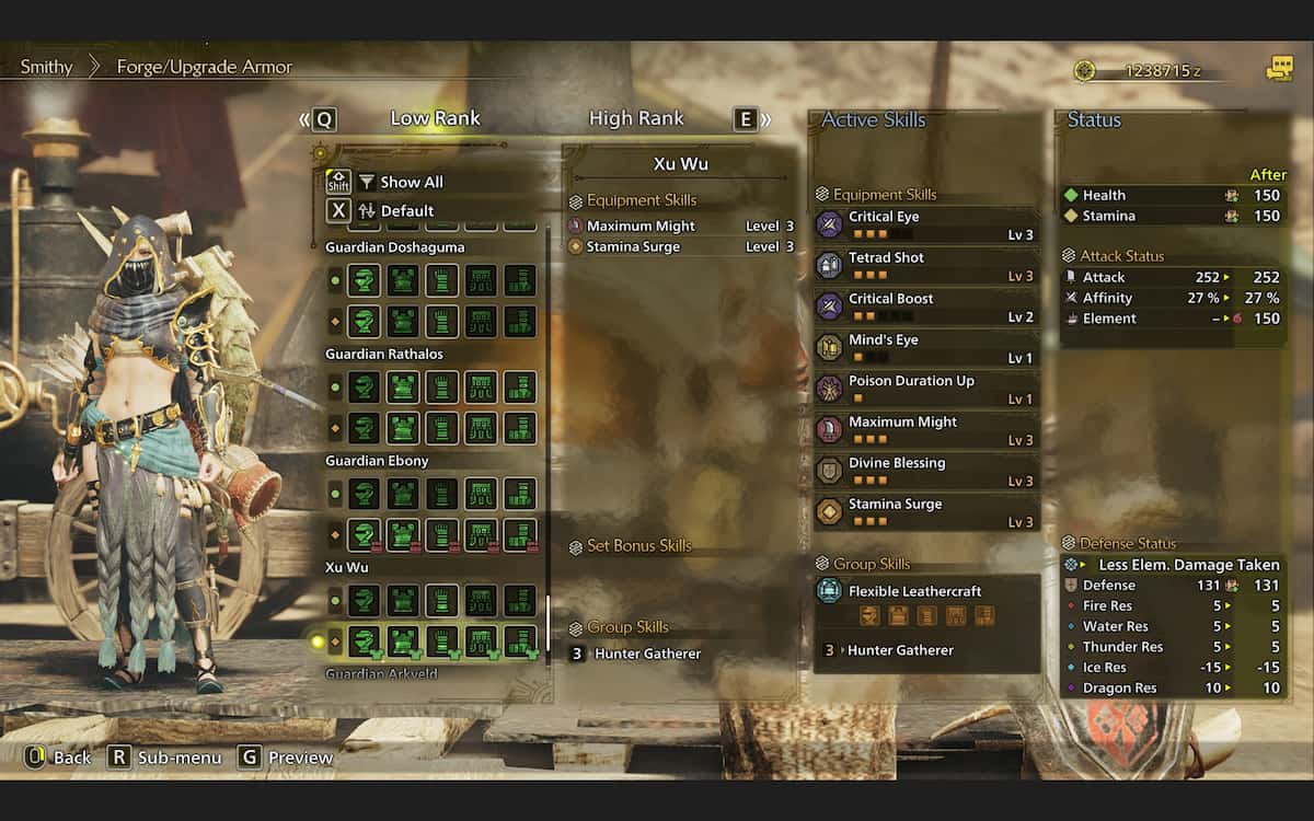 Image showing the Xu Wu armor and stats in Monster Hunter Wilds
