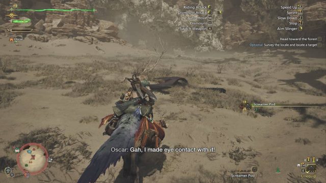 An image from Monster Hunter Wilds of a Bauno after it got pulled on the ground by the player character.