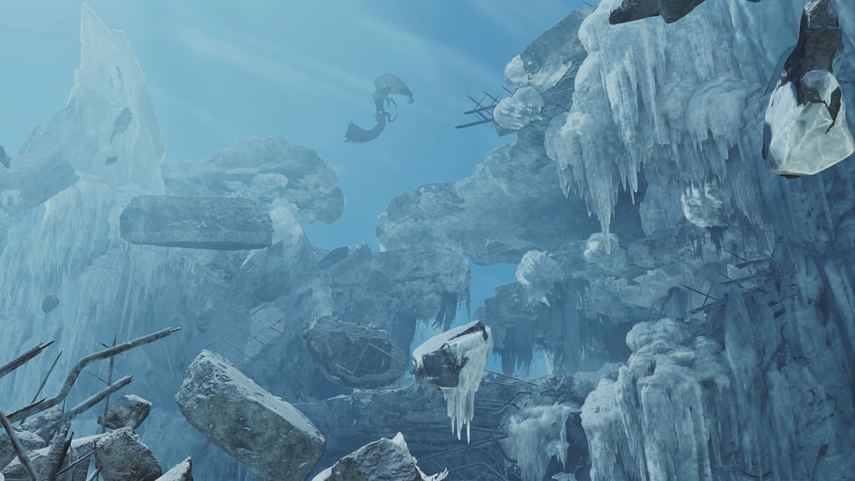 A view from the Area 19 Pop-Up Camp, which shows an icy cave with a Hirabami flying above it in the distance.