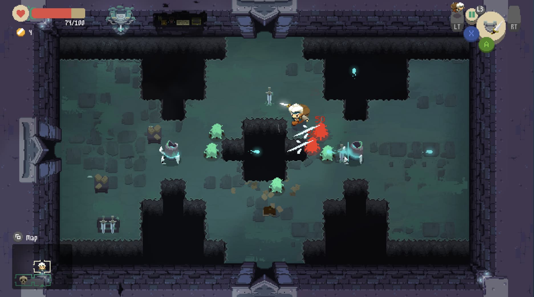 A screenshot from Moonlighter, showing Will, a boy with white hair, fighting monsters in a dungeon.