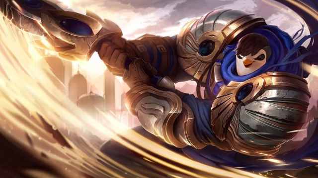 Picture showing Pengu Garen splash art in League of Legends.
