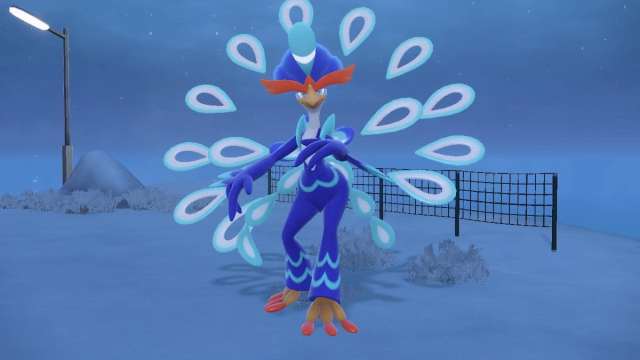 Quaquaval standing in the snow in Pokémon Scarlet and Violet.