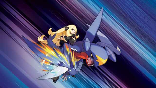Cynthia from Pokémon riding a Garchomp.