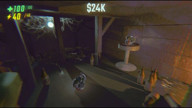 Standing inside the attic of the Service Station with the Duct-Taped Grenades visible on the ground and chair, and skeletal remains in the back