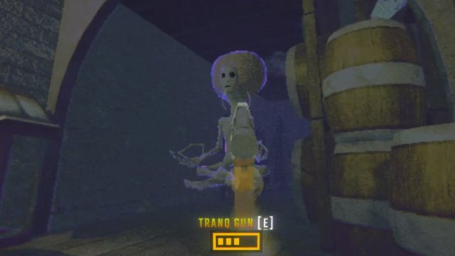 Looking at the Repo Alien coming around the corner from wine barrels with the Tranq Gun pointed at him
