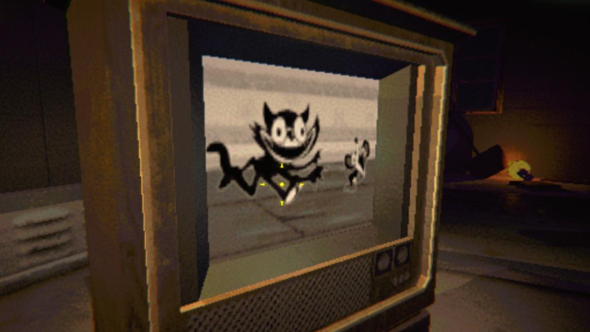 A close up of a old school black and white cartoon playing on a television screen