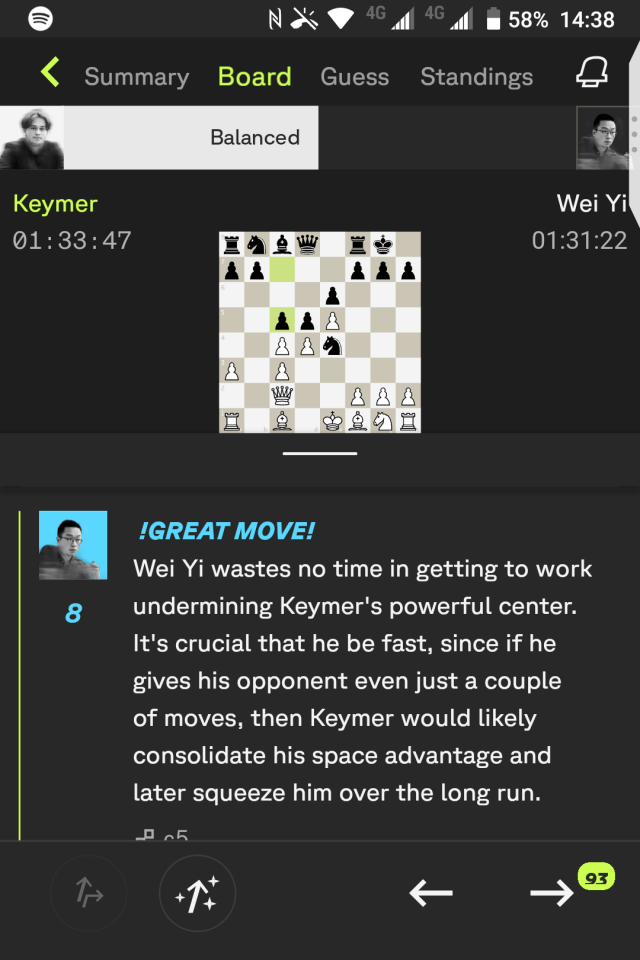 A screenshot of the Keymer-Yi match live commentary on TakeTakeTake