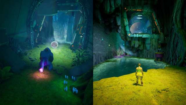 Mio shape shifted as a monkey, standing in front of a portal as Zoe stands on the lower level, with water ahead of her and the portal on upper platform