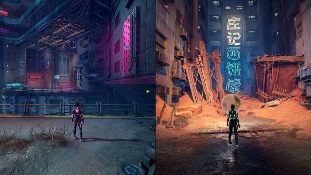Mio looking at the way to progress as Zoe looks at the portal with a Chinese sign in front of her