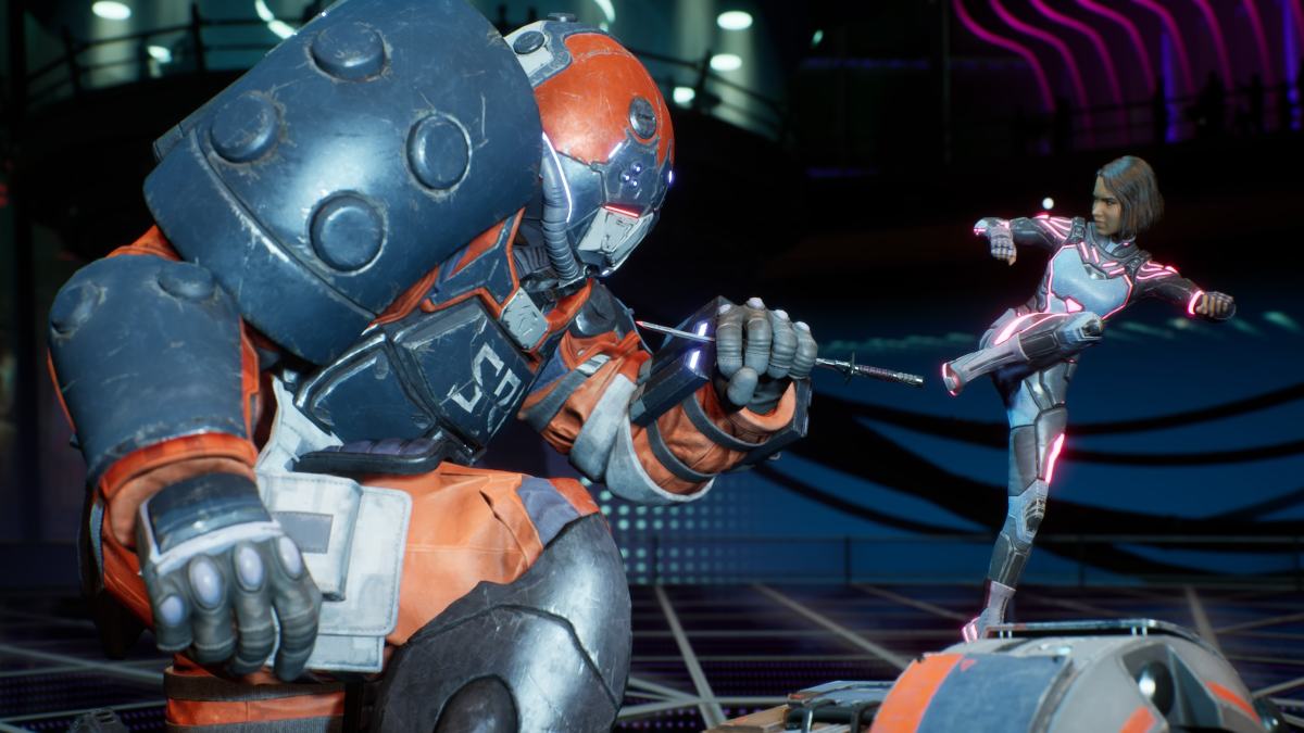 Mio kicking her sword into Mr Hammer who is holding the blade's edge in his hand