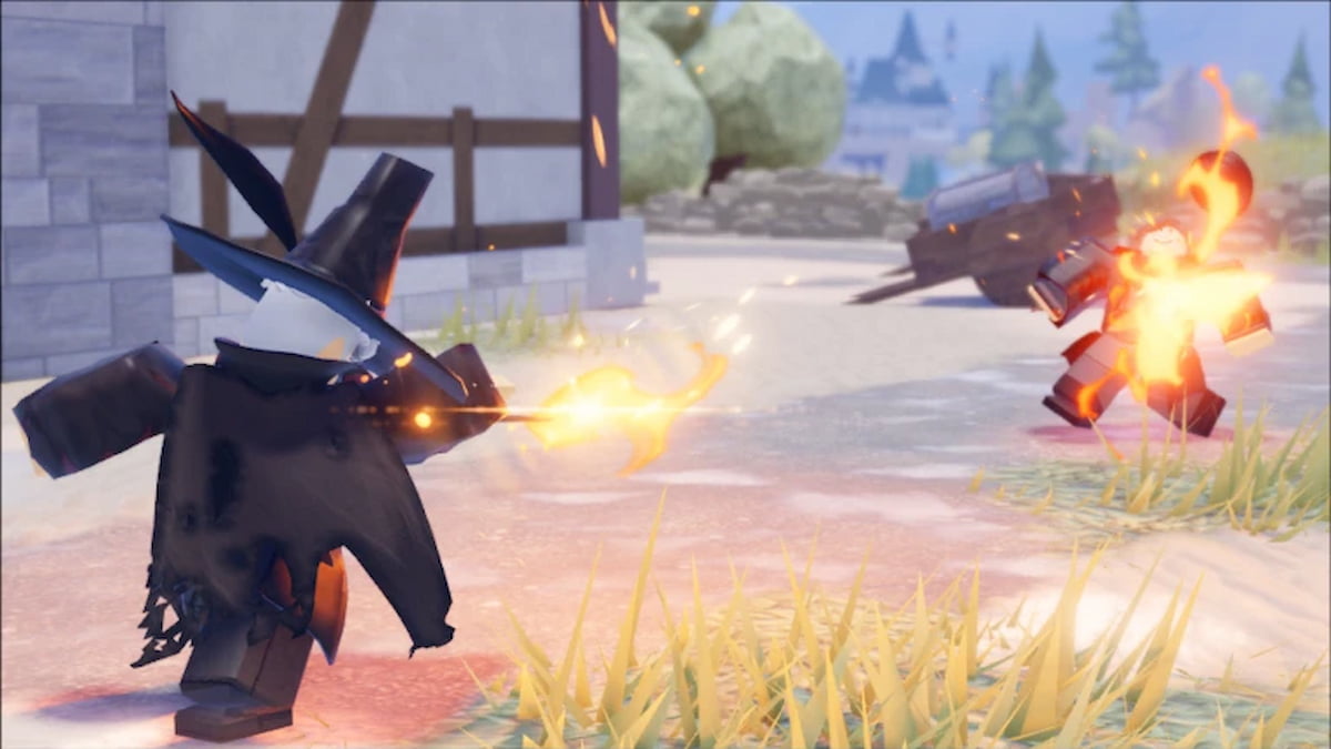 Picture showing two wizards fighting in Wizard West game in Roblox.