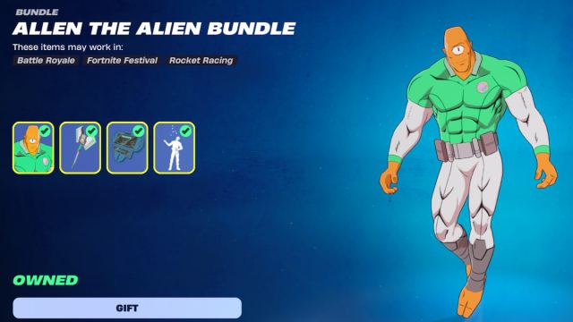 The Allen the Alien bundle featuring Allen, a pickaxe, a back bling, and an emote in Fortnite.