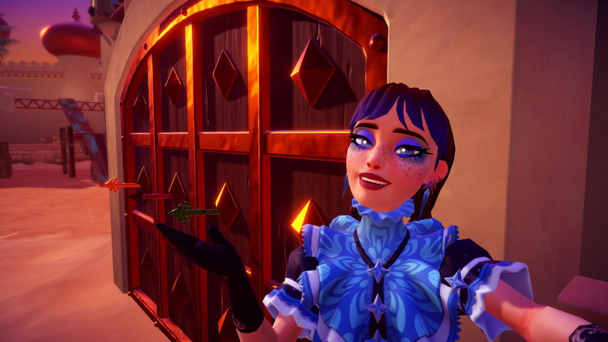 A player with brown and blue braids and a dark blue dress holding their hand out under keys in a secret golden door in Disney Dreamlight Valley
