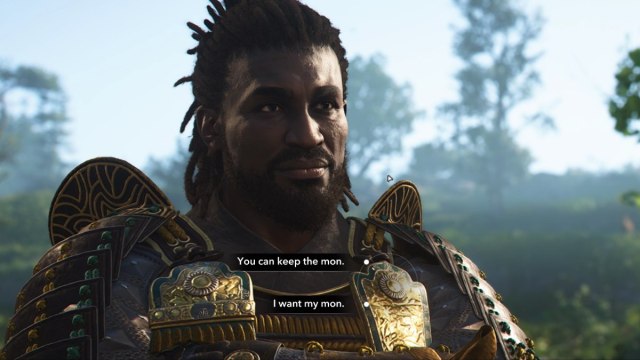 Assassins creed Shadows yasuke close up dialogue choice for keeping or wanting mon