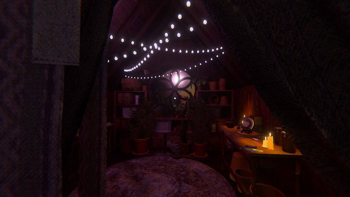 A purple witchy bedroom window with a string lights hanging over it, lots of plants on the ground in front of it, and a table with some tarot cards and a crystal ball next to it in Phasmophobia.