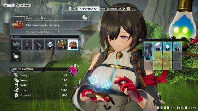 Atelier Yumia screenshot showing Yumia and the inventory tab with a camp in it.