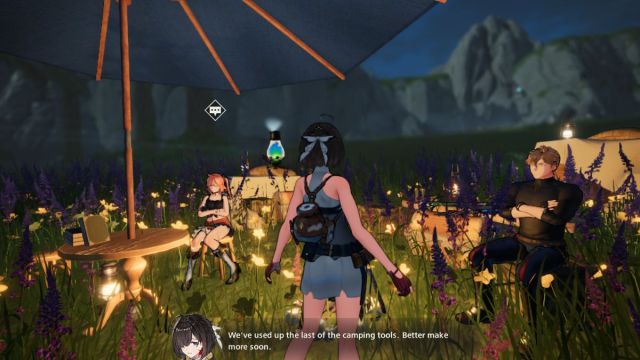 Atelier Yumia screenshot showing Yumia at camp speaking to party members.