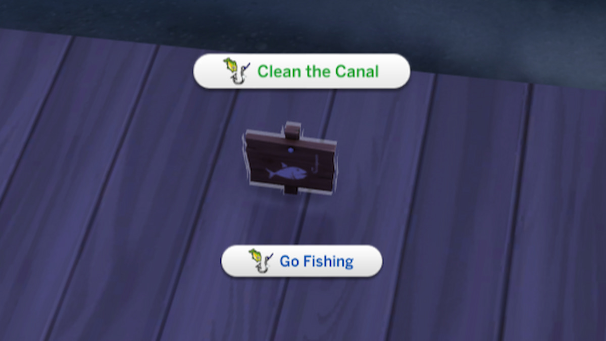 The clean the canal option on a fishing sign in The Sims 4.