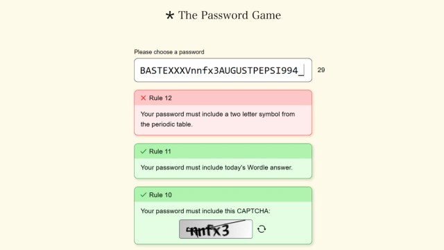 A password in The Password Game with the daily Wordle, Baste, included.