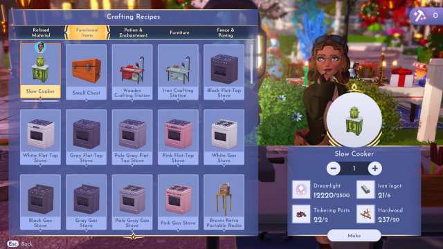 A player with gold glasses and short curly brown hair thinking while crafting a Slow Cooker in Disney Dreamlight Valley.
