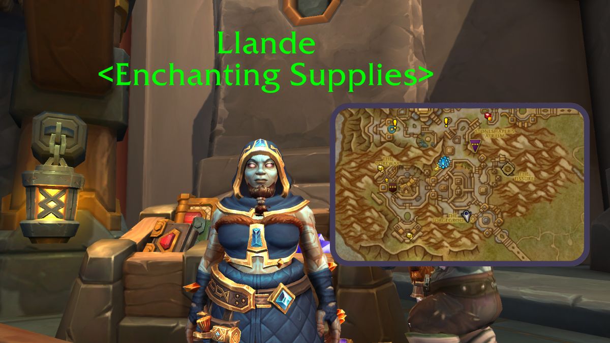 Llande Enchanting vendor in World of Warcraft with a map pasted on top.