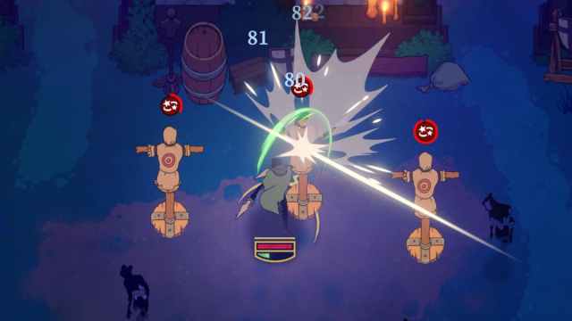 A warrior using a pair of daggers to slash training dummies in a dark camp in 33 Immortals.