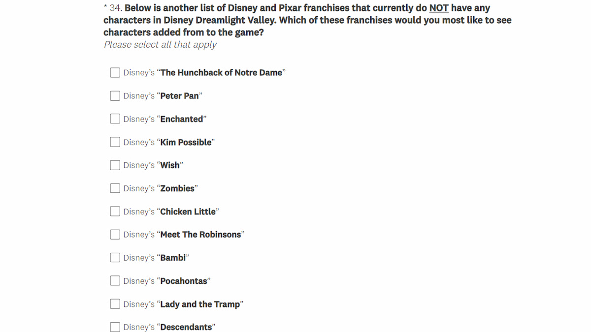 A page on the Disney Dreamlight Valley survey with various options for characters from franchises to be added.