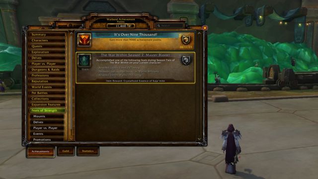 Screenshot of a WoW player next to the achievement tab showing how to get a season 2 reward.