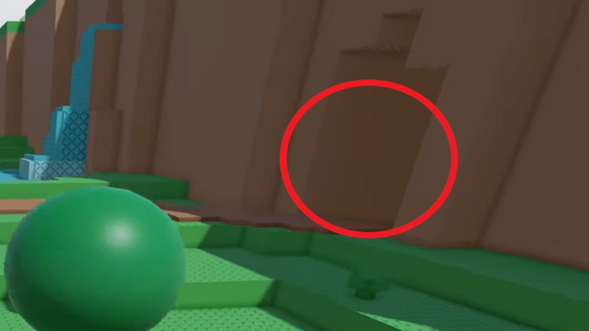A Roblox cliffside highlighted with a red circle where there looks like there's an opening.