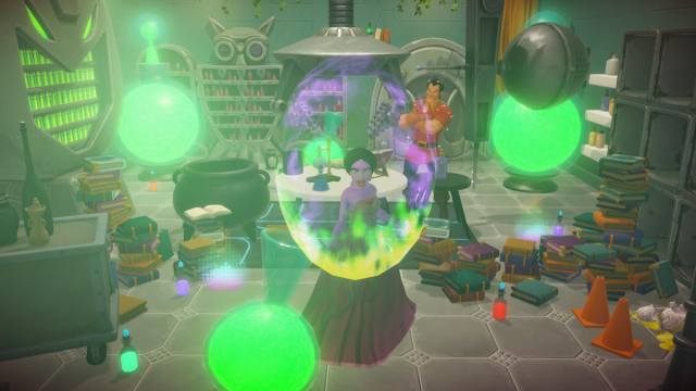 A player dressed as Yzma standing in Yzma and Kronk's lab in Disney Dreamlight Valley.