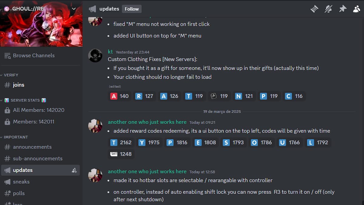 The GHOUL://RE discord server update channel.
