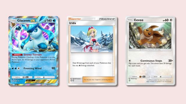 Glaceon ex, Irida, and Eevee Pokémon TCG Pocket cards on a pink background.